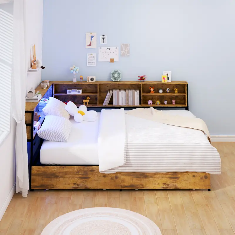 Brown Full Size Metal Corner Daybed - Bedroom Furniture with 2 Storage Drawers, Charging Station, LED Lights, Storage Bookcase, Full Platform Bed Frame for Kids, Adults | Furniture for Bedroom