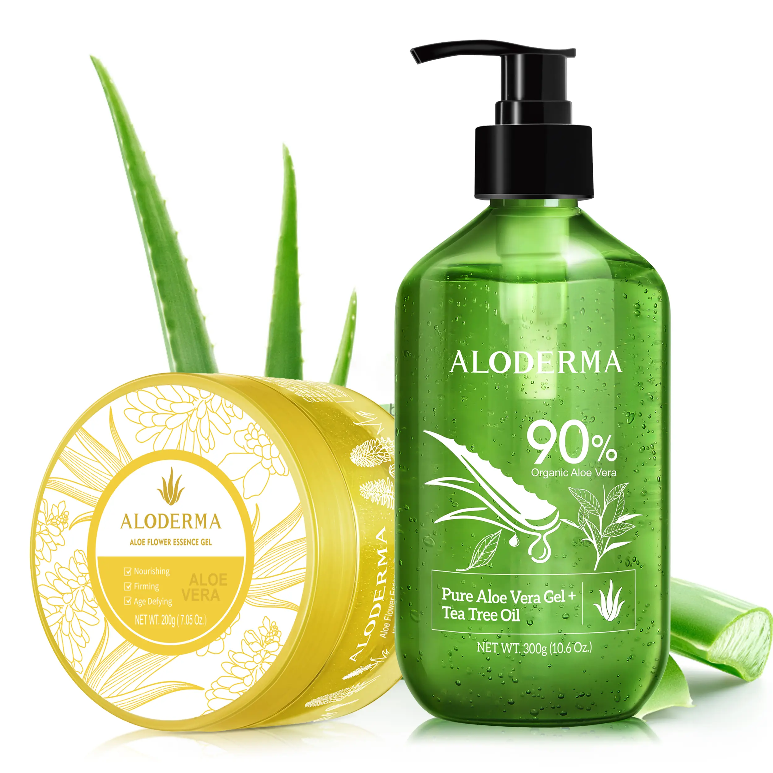 Aloderma Aloe Vera Gel Set 2 Pack - Aloe Flower Essence Gel, Aloe Vera Gel + Tea Tree Oil