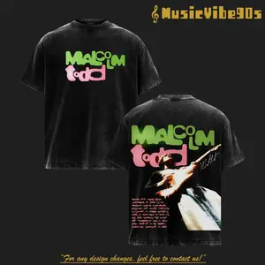 Malcolm Todd 2026 Graphic T-Shirt Vintage Washed, Colorful Text Portrait Design with Back Print, Oversized Black Heavyweight Streetwear Shirt for Music Fans