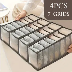 Closet Organizer 4-Piece Folding Storage Boxes, Non-Woven Fabric 7-Compartment Drawer Organizers with Mesh Surface, Space-Saving for Linen, Pants and Travel Accessories