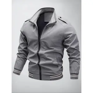 Men's Solid Pocket Zipper Jacket Coats, Slim Casual Windproof Long Sleeve Collared Outerwear for Spring & Fall, Fashion Men's Clothes for Daily Wear