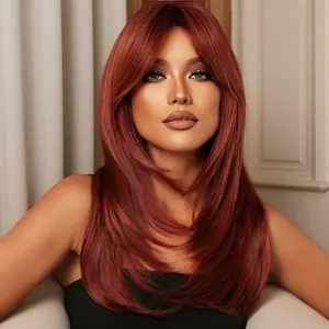 Orange Red Wigs for Women 24 Inches Long Layered Wigs with Bangs Heat Resistant Synthetic Fibre Wigs(pelucas de cabello natural)