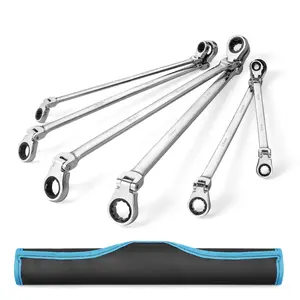 Extra Long Flex-Head Ratcheting Wrench Set, Double Box End Wrench Set, 6-Count, Metric 8-19 mm, CR-V Steel, with Pouch