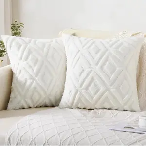Soft Faux Fur Throw Pillow Covers 18x18 - Plush Short Wool Velvet Decorative Pillow Covers - Couch Sofa Pillow Covers for Living Room - with 3D Diamond Pattern - Set of 2 - Cream White