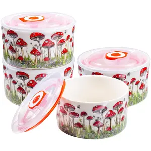 Ramekins Oven Safe with Lid, 8 OZ Creme Brulee Ramekins Embossed Mushroom Ceramic Ramekin Baking Pudding Cups for Souffle Custard Dips, Mini Bowls for Dessert, Appetizers Meal Prep Valentine's Day Gifts