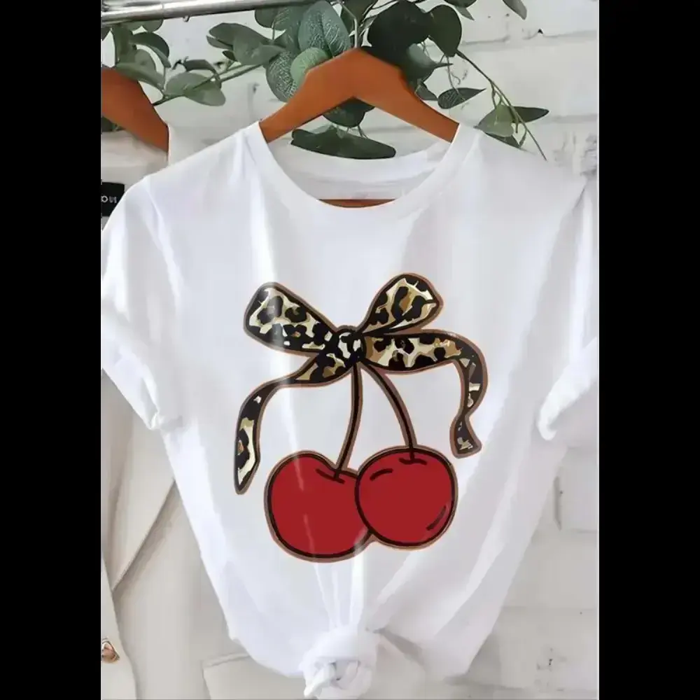 Women's Oversized Graphic T-Shirt, Casual 100% Cotton Short Sleeve Tee with Leopard Cherry & Bowknot Print, Trendy Everyday Streetwear Top Round Neck Basic