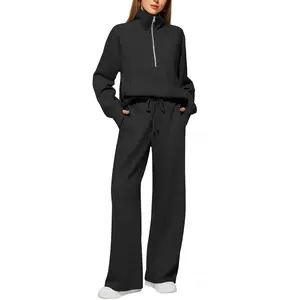 VVZ 2026 Women's 2 Piece Outfit, Half Zip Sweatshirt & Elastic Waist Wide Leg Pants Set, Casual Loungewear Tracksuit for Fall Winter, Daily Wear & Street Style