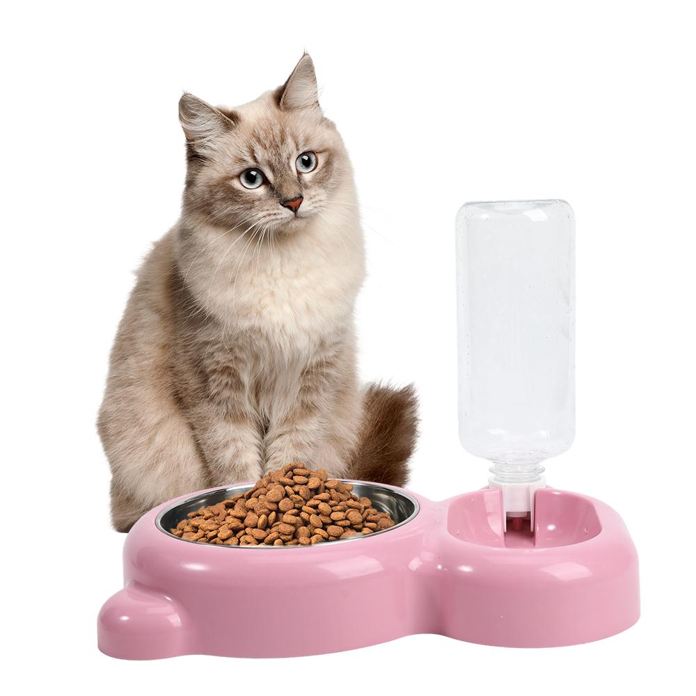 1pcs Double Bowl Automatic Feeding and Drinking Fountain, Comes with Water Dispenser and Stainless Steel Bowl, Suitable for Cats and Small Dogs Non-Slip Base, Easy to Clean ﻿