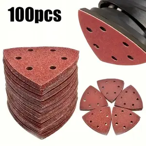 100pcs Triangle Sanding Pad, Sandpaper Pad Set for Detail Sanders, Fleece, 6-Hole Design, Woodworking and Metal Polishing, Includes 60-320 Grits