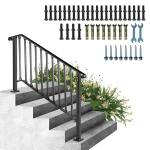 【Spotlight Day】VEVOR Handrails for Outdoor Steps, Fit 4 or 5 Steps Outdoor Stair Railing, Picket#4 Wrought Iron Handrail, Flexible Porch Railing, Black Transitional Handrails for Concrete Steps or Wooden Stairs