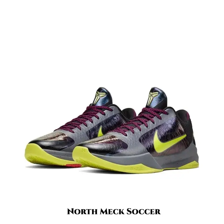 Iridescent Oil Slick Patent Leather Low Top Basketball Shoes Ash Gray Base Neon Yellow Logo Burgundy Laces Monochromatic Neon Rubber Outsole Breathable Performance Athletic Sneakers With Full Original Box
