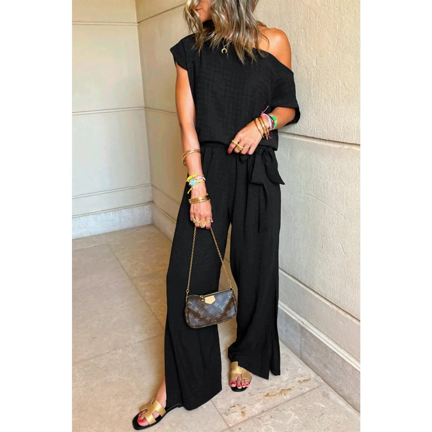 Black Checkered Mesh One Shoulder Short Sleeve Knotted Waist Jumpsuit