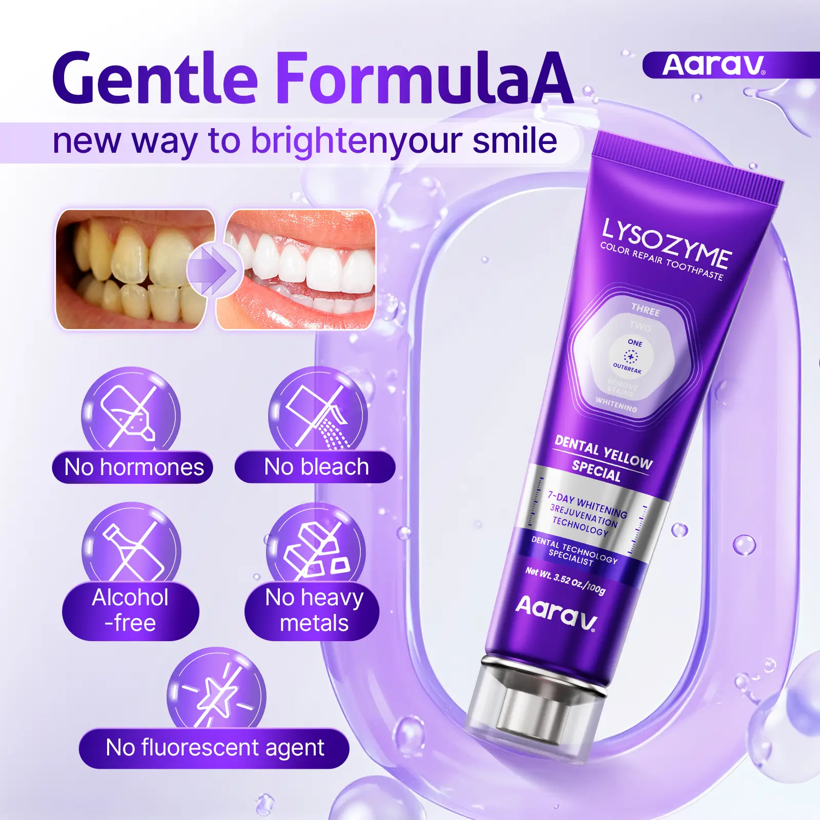 Aarav Lysozyme Purple Whitening Toothpaste 100g Instant Stain Removal ...