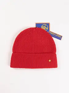 High Level Unisex Plain Red Winter Beanie - 100% Cashmere, Soft Luxury Ribbed Knit Hat