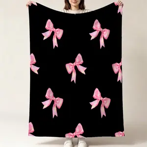 1 Piece Of Black Background Pink Bow Ice Silk Summer Cool Cooling Air Conditioning Blanket For Girls' Hearts, Machine Washable And Breathable, Student Party Office Nap Sofa Cover Blanket