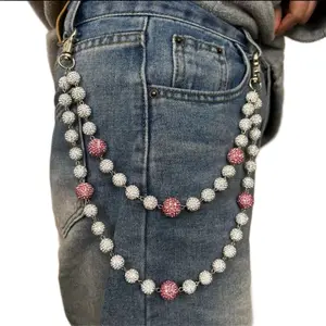 Fashion 12mm Disco Ball Beaded Layered Pendant Bag Jeans Pocket Belt Chains Hip Hop Rhinestone Beads Wallet Chain. Bussdown