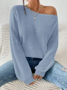 Solid Color Asymmetrical Collar Casual Pullover Sweater, Long Sleeve,Long Sleeve Tops In Fall/Winter Blue Spring