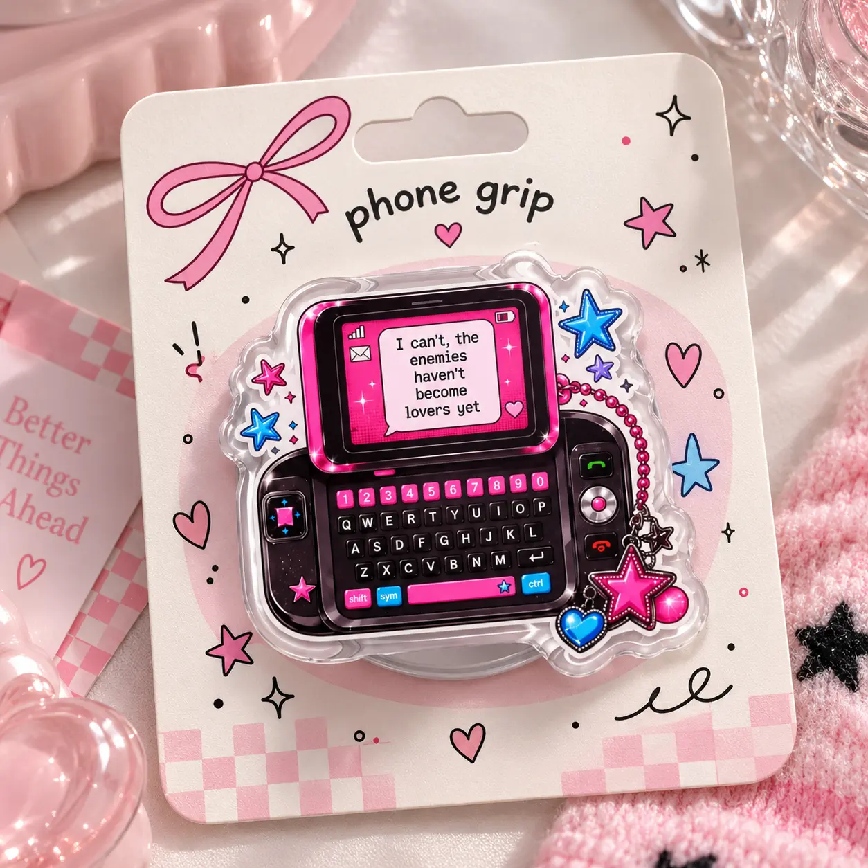 Enemies To Lovers Phone Grip, Retro Slider Mobile Stand, Y2K Bookish Romantasy Acrylic Reader Holder, Cute Reading Gift For Her
