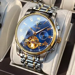 OLEVS Men Watch Automatic Mechanical Skeleton Moon Phase Dress Business Stainless Steel 3AT Waterproof Luminous Men Wrist Watch