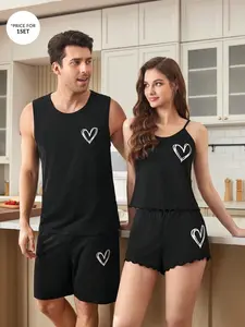 Men's Casual Style Valentine’s Day Sleepwear Set, Simple Vest Top with Shorts, Heart Print Gift for All Seasons