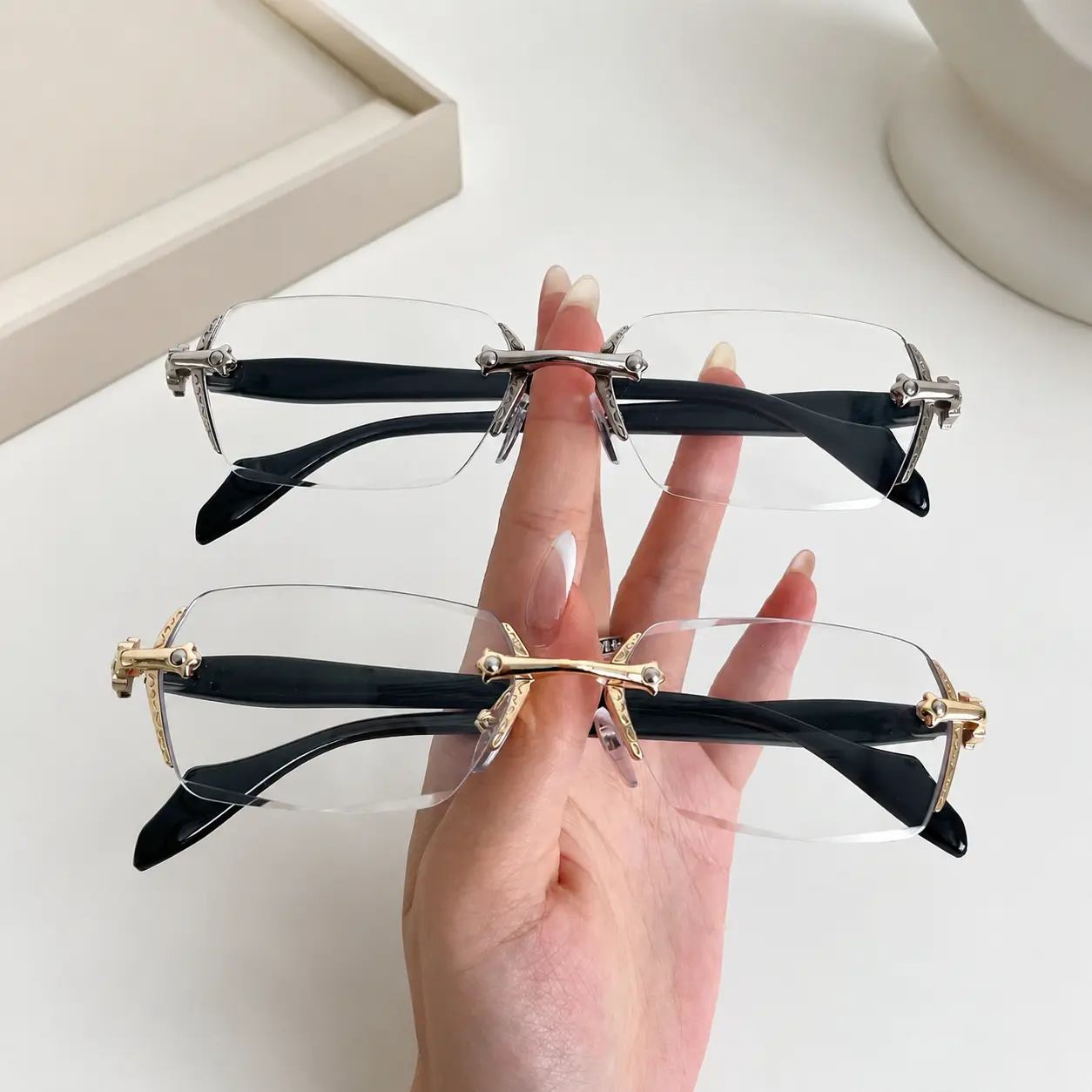 Luxury Style Rimless Square Glasses, Retro Metal Detail Lightweight Fashion Eyewear for Daily Wear
