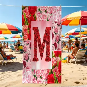 Rose Initial Letter Print Beach Towel, 26 Letters Available, Quick Dry & Absorbent Microfiber Towel, Lightweight Sand-Free Beach Blanket for Swimming Pool & Beach, Suitable for All People, Ideal Gift Choice