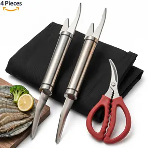 4PCS Seafood Utensils Set, 2 Stainless Steel 5-In-1 Shrimp Deveiners, Classic Combo with Crab Shears and Chef's Apron , Peeler, Fish Scale Remover, Duck Intestine Cleaner, Kitchen Cutting Blade Gadget for Cooking, Home Cooks
