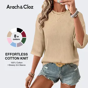 Arach&Cloz Womens 100% Cotton 3/4 Length Sleeve Sweater Crochet Tops Shirts Casual Blouses Resort Wear Summer 2026