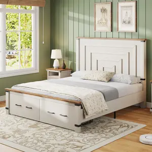 AMERLIFE Farmhouse Bed Frame with 54" Tall Geometric Headboard & Footboard, Rustic Wood Platform Bed Frame with Large Storage Drawers, Wood Slats Support, No Box Spring Needed