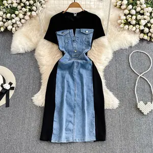 Elegant Short Sleeve Round Neck Waist Slim Fit Denim Patchwork Casual T-Shirt Dress