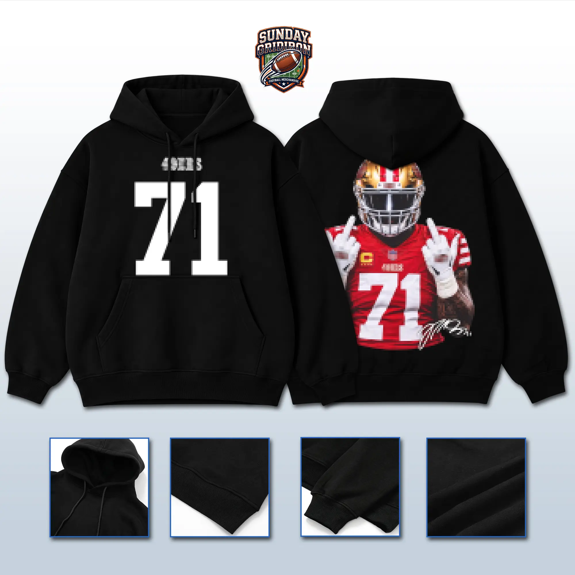 Trent Williams Middle Finger Hoodie, 49ers Sweatshirts, OT71 Graphic Pullover, Red Gold Gridiron Fan Merch, Bay Area Apparel, Retro Bootleg Game Day Outfits, Pro Sports Season Gifts, Heavyweight Oversized Black Vintage Streetwear Tops