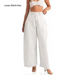 Women's Loose High-Waisted Jeans Loose Boyfriend Style Wide-Leg Side Pleated Jeans