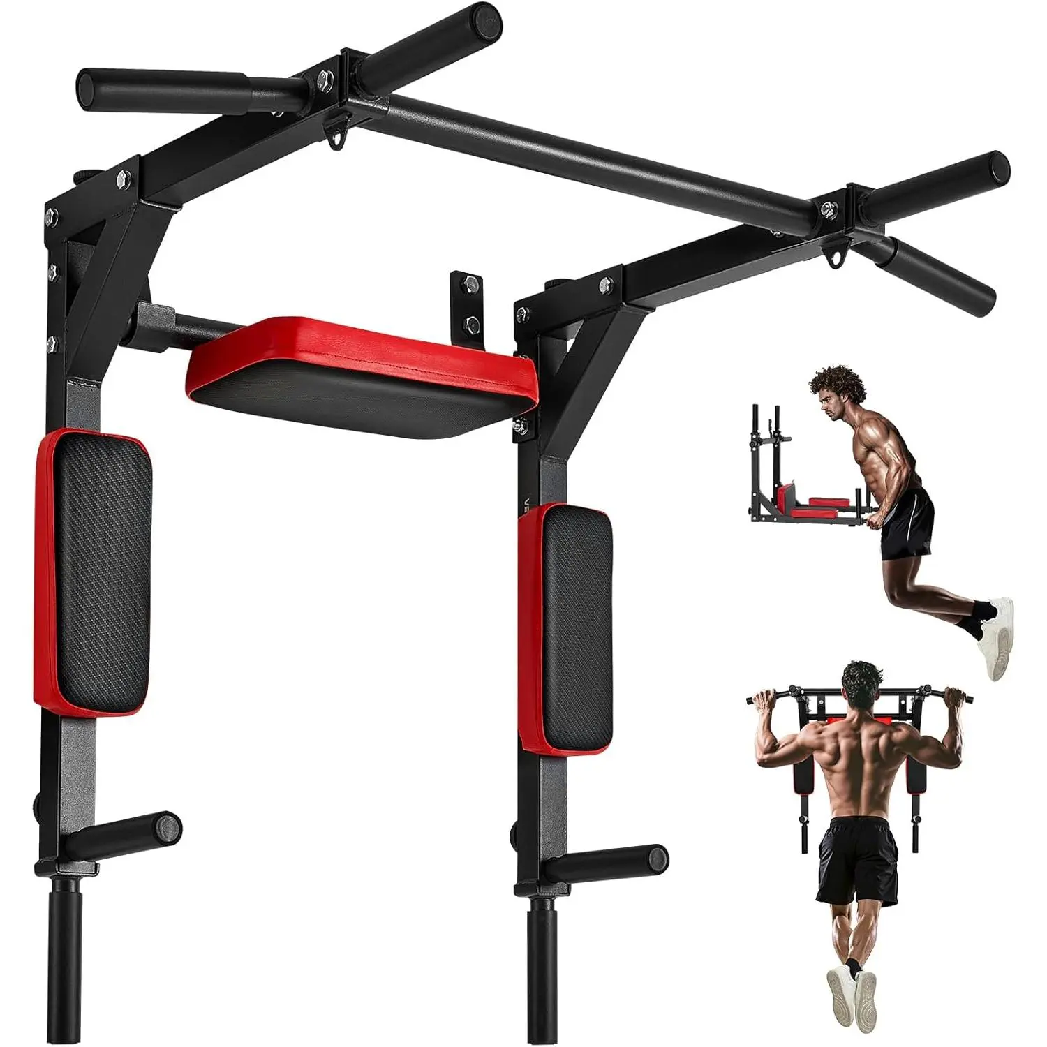 VEVOR Wall-Mounted Multifunctional Pull-Up Bar - Heavy Duty Carbon Steel Dip Station, 440 lbs Capacity, 1.25-in Knurled Grips, 2 Hanging Rings, Unisex Steel Gear for Home Gym Upper Body Strength Training