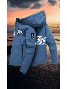 Unisex Fashion Jacket with Kukirin Letter Pattern, Zip Pocket Design, Casual Hooded Outerwear, Spring & Fall Polyester Jacket