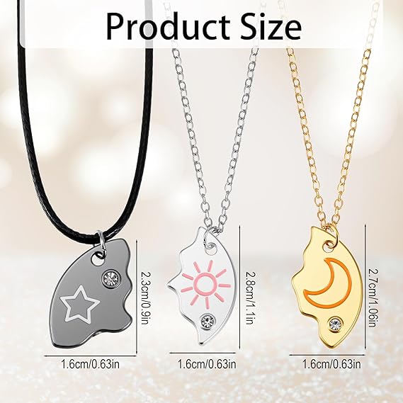 3-Pack Best Friendship Necklaces&Bracelet Set, Sun Star Moon Puzzle Matching Pendant Necklace& Bracelet Forever Three Friends Bff Sister Jewelry Gifts for Anniversary Birthday