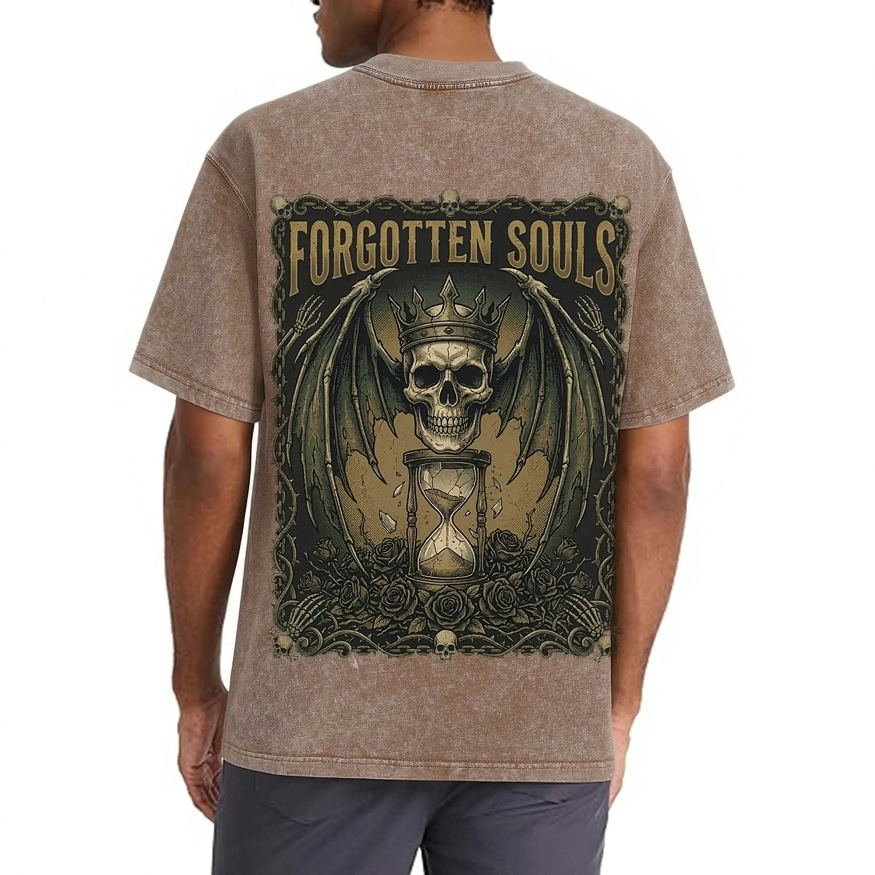 Retro Gothic Crown Winged Skull Rose Hourglass Back Print Vintage Acid Wash Men Loose Short Sleeve T-Shirt Punk Dark Streetwear Top