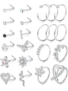 22Pcs 20G Nose Ring Stud for Women Men Stainless Steel Paved CZ Round Star Nose Stud L Shape Flower Open Hoop 8mm Silver Nostril Conch Cartilage Daith Piercing Jewellery Set