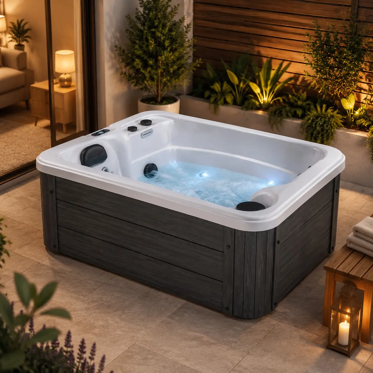 2-Person Outdoor Hot Tub Spa with Water Jets, Double Lounger Seat, LED Lights & Waterfall Feature, Plug-In Portable Spa for Backyard Relaxation