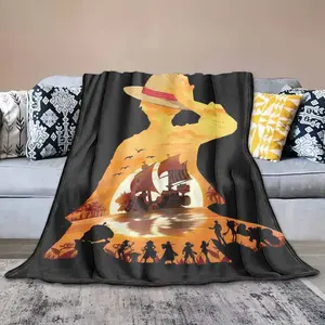Sunset Pirate Ship One Piece Manga Sanji Uta Nami Flannel Blanket Anime Panel Style Ultra-Soft Blanket Anime graphic lover Gift for Birthday Holiday Christmas Halloween