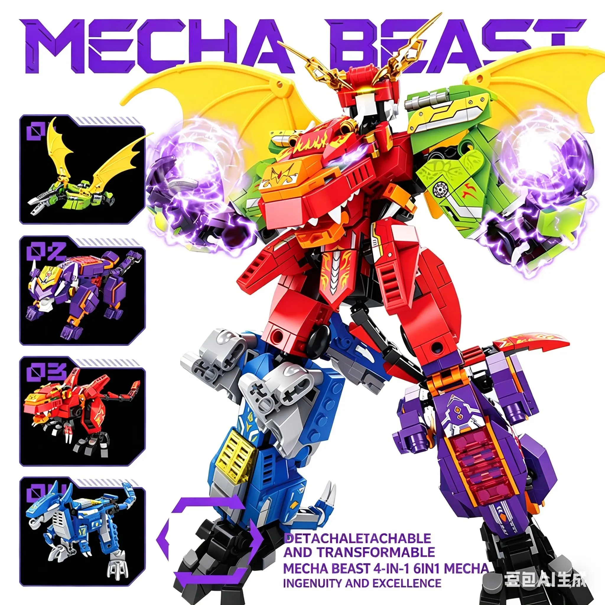 904pcs 4-In-1 Dinosaur Mech Building Blocks Toy, Model Building Kit, DIY Building Model, Educational Construction Set for Kids, Fun Stem Learning Activity Kit