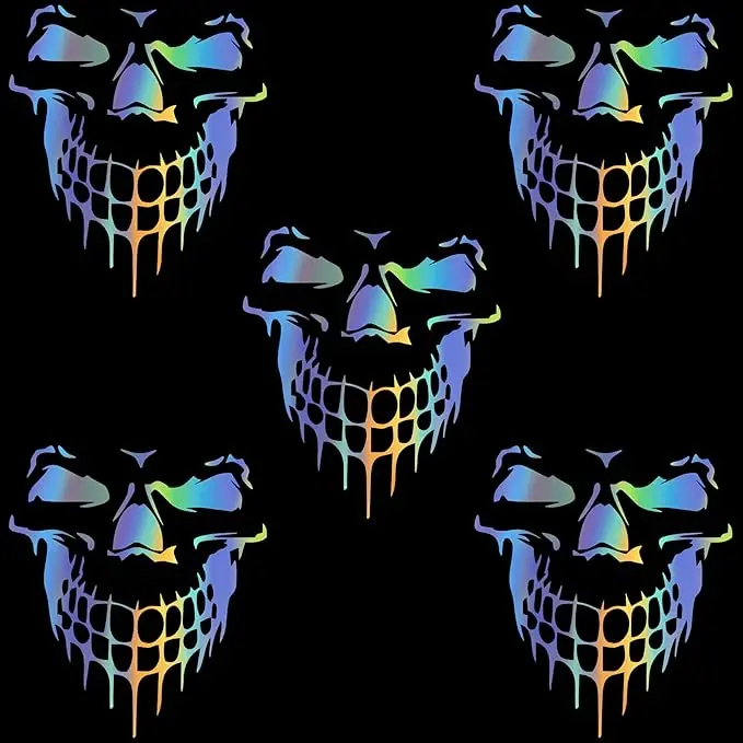 5Pcs 3D Laser Skull Car Stickers Decals, Reflective Multicolored Cartoon Waterproof Self-Adhesive Vinyl Auto Exterior Decoration Accessories for Vehicle Hood, Doors, Bumper, Windows 6.26"x6.97"
