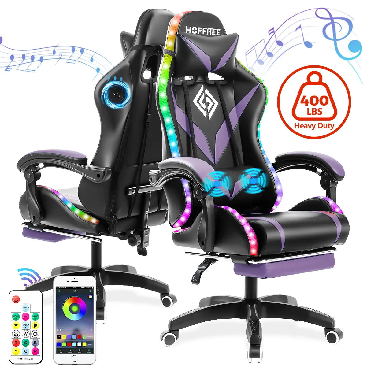 Gaming Chair with Bluetooth Speakers and RGB LED Lights Ergonomic Massage Computer Gaming Chair with Footrest Video Game Chair High Back with Lumbar S
