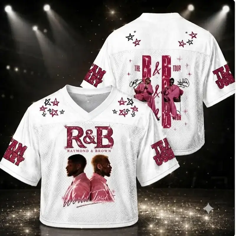 R&B Tour Mesh Crop Top Football Jersey – Raymond & Brown Concert Shirt, Music Fan Apparel, Hip Hop Streetwear Outfit, Sports Style Gift