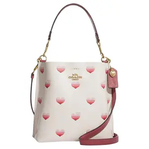 COACH Mollie Heart-Print Detachable Strap Bucket Bag for Women, Sliced Leather, Chalk White