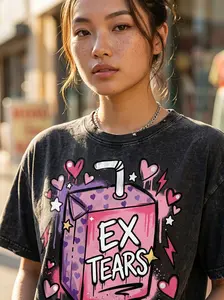 Ex Tears Pink Juice Box Heart Print Women Vintage Oversized T-Shirt