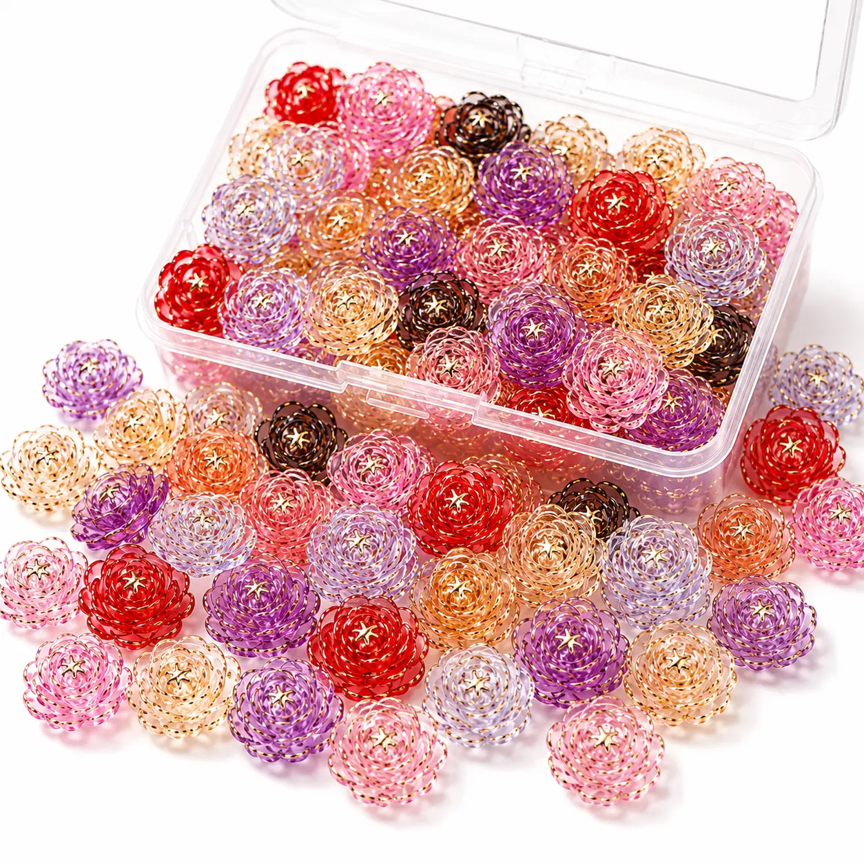 17mm Multicolor Acrylic Rose Bead Set, 100 Gold-Tipped Carved Flower Beads with Small Organizer Box for Earrings, Keychains, Bracelets and Floral Crafts supply handmade