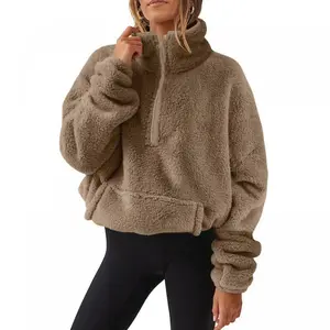 Plush Fleece Half Zip Sweatshirt Women Stand Collar Winter Warm Soft Cozy Casual Pullover Street Style Top Can be used with a raincoat