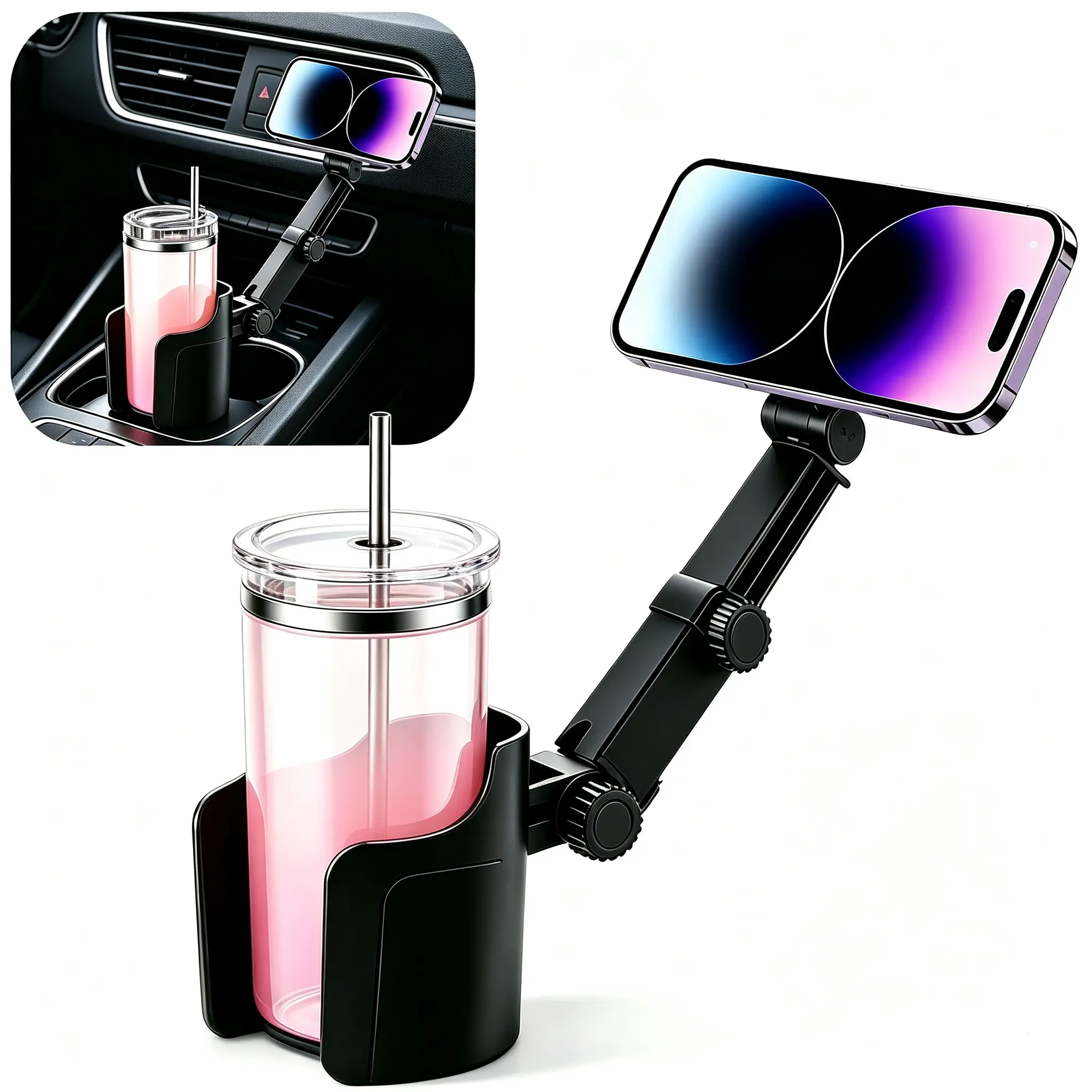 Universal Magnetic Cup Holder with 360° Rotation and Retractable Arm, Stable Design