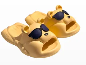 Unisex Open Toe Slippers 2024 Trendy Eye-catching Adult Beach Sandals for Vacation with Cartoon Polar/Yellow Teddy Bear with Sunglasses Design Outdoor/Indoor Spring/Summer Wear with 1'' platform EVA non-slip sole Footwear Beachwear Slide Shoe