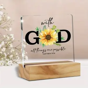 With God All Things Are Possible Sunflower Acrylic Desk Plaque, Christian Religious Inspirational Sign, Wooden Base Desktop Faith Decor Gift